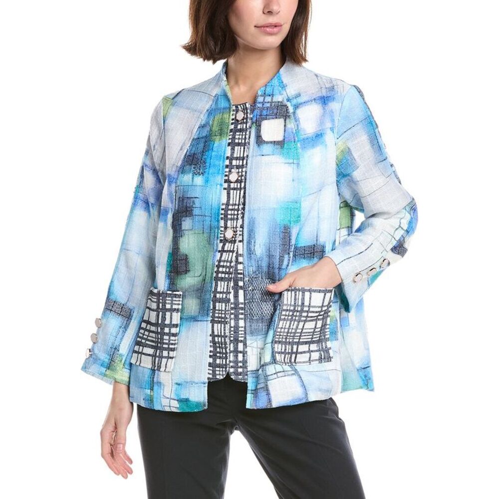 Lemon Grass Womens  Print Blocked Blazer, Blue